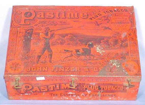 Pastime Plug Tobacco Counter Top Box NR: Pastime Plug Tobacco Counter Top Box: Decorated tin with a hunting scene on top, (Interior paint flaking badly and the exterior has some loss and staining.) 4" T x 12 1/2" W x 9 1/4" D