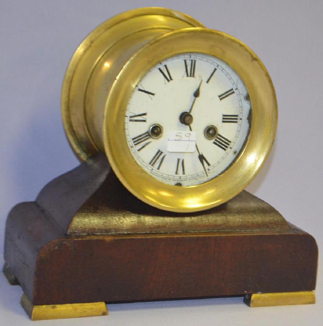 Waterbury Ships Bell Clock on Wood Base T&S with a