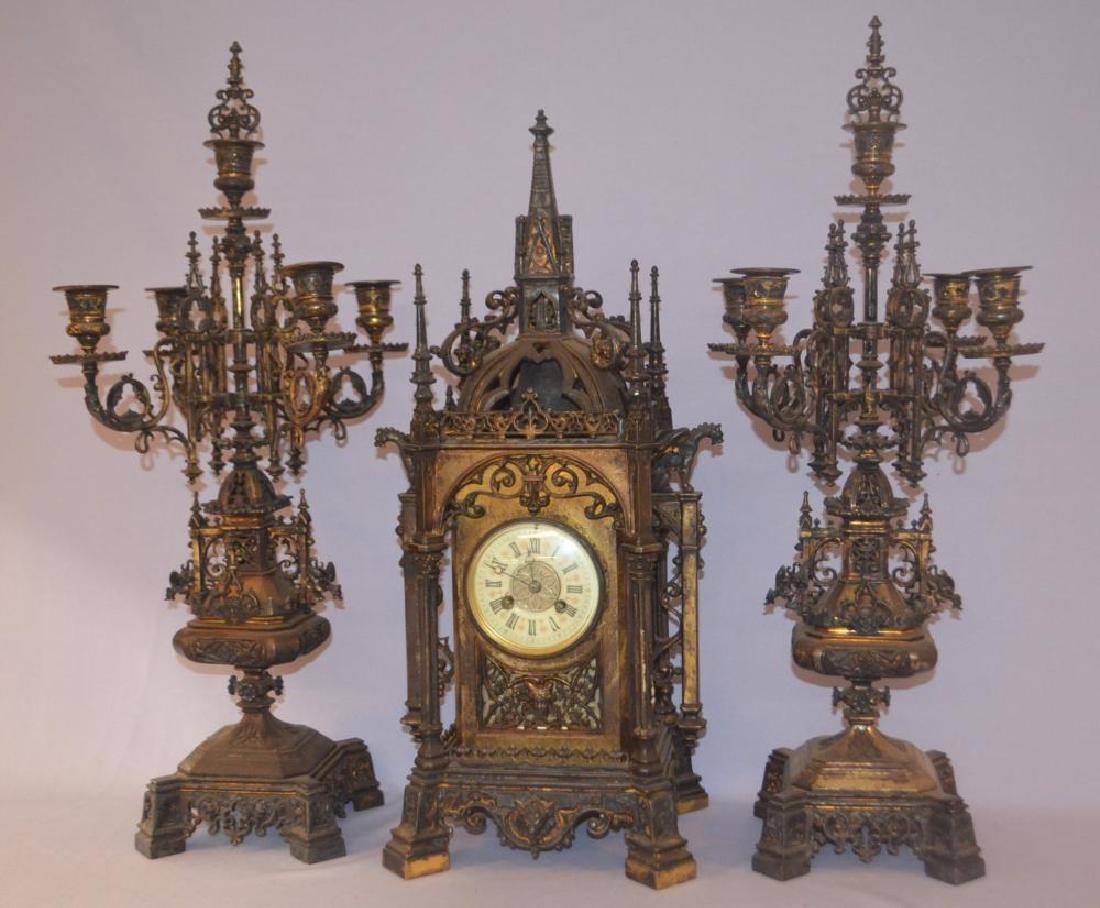 French Brass Gothic 3 Piece Garniture Set: T&S with an (1 of 5)