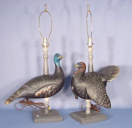 Pair of Casey Edwards Carved Turkey Table Lamps: Pair of Casey Edwards Carved Turkey Table Lamps: carved wood Tom & hen turkeys; signed Casey Edwards; Edwards is from Wisconsin; town not known. Excellent condition. Lamp height 19 1/2" T excluding fi