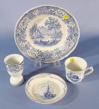 Three Blue & White Dutch Scene Items NR: Three Blue & White Dutch Scene Items: 1.) Soup plate with a man and butterfly net; buildings and mountains in the background; marked Villeroy & Boch - Durgenland. 9 3/4" W 2.) Egg cup with floral meda