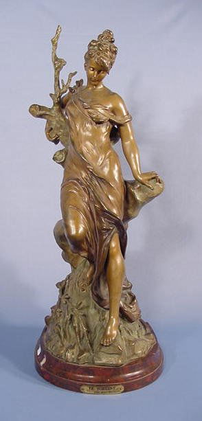 A N Bronze Figure "Le Torrent" By A. R. Nelson NR: Art Nouveau Bronze Figure: on a red marble base. Titled " LeTorrent" on a name plate with artist name Anton R. Nelson. Circa 1890, with a green and brown patina. (Patina shows some wear on high points
