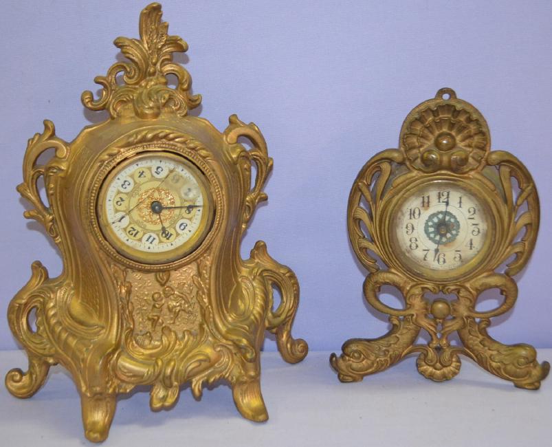 Two Antique Metal Case Novelty Clocks, Western +