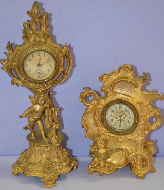 2 Antique Metal Cherub Novelty Clocks