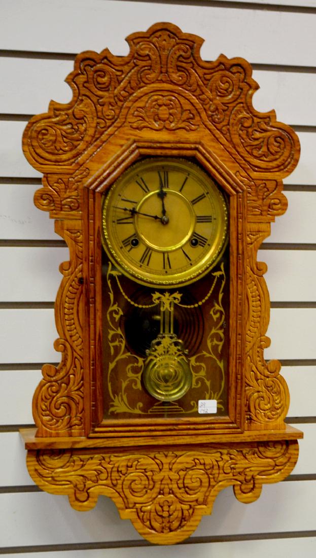 Antique Carved Golden Oak Hanging Kitchen Clock (1 of 5)