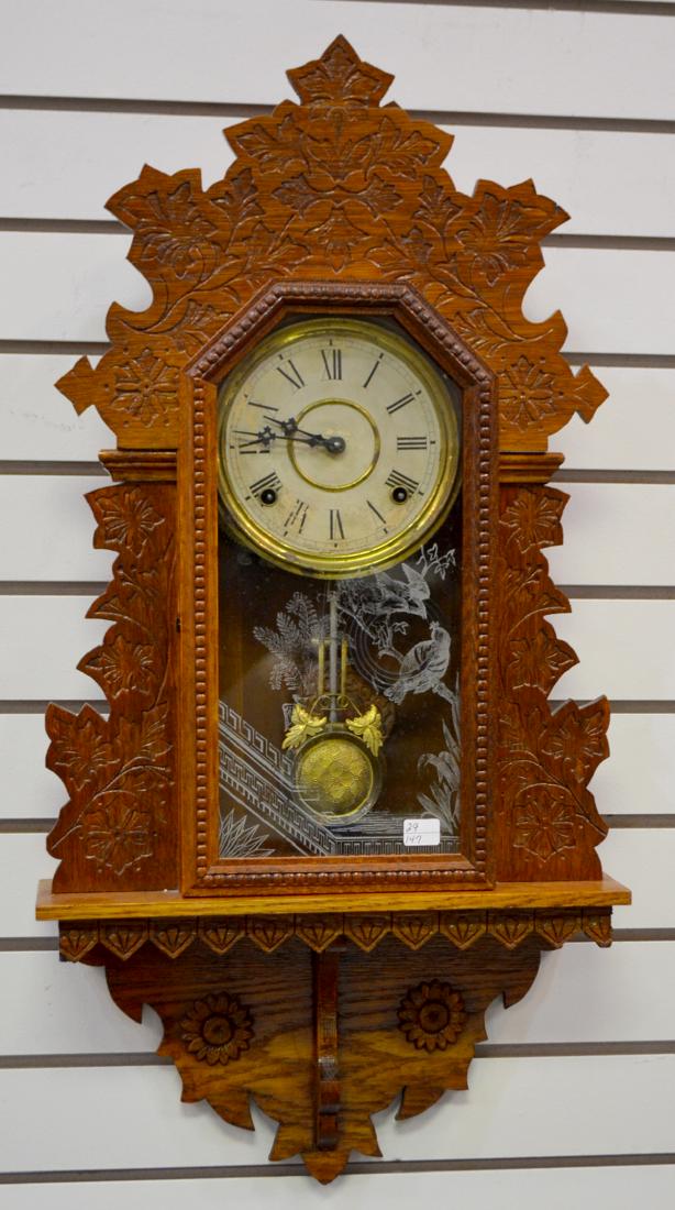 Antique Carved Oak Gilbert Hanging Kitchen Clock (1 of 5)