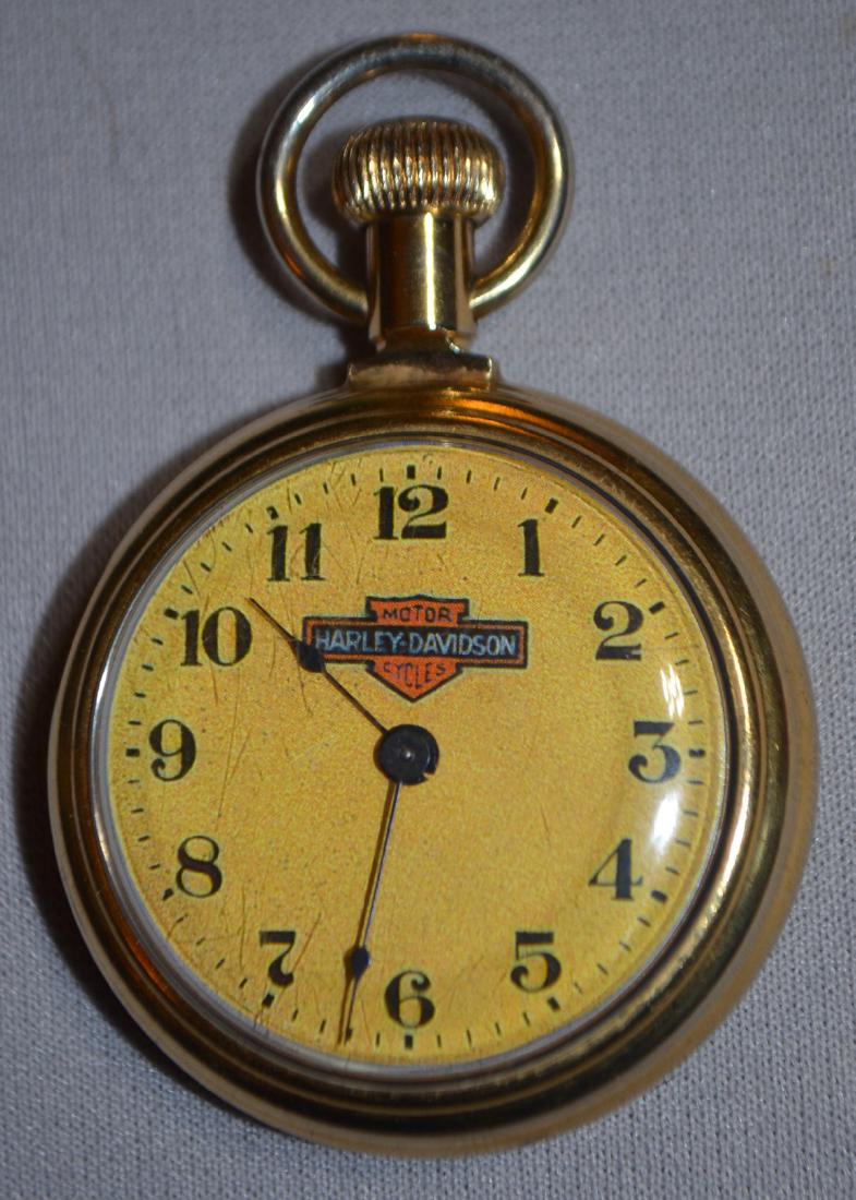 Westclox 18S Plated Case with Railroad Engine: Westclox 18S Plated Case with Railroad Engine: There is a Harley Davidson dial. The watch is working at this time., Sells as is, where is.