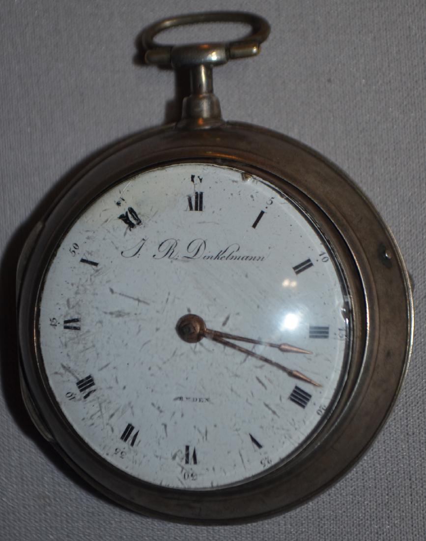 JR Dinkelman 48MM 4J Fusee Pair Case Pocket Watch: JR Dinkelman 48MM 4J Chain Drive Fusee Silver Pair Case Pocket Watch: The porcelain dial is marked "J.R. Dinkelman Emden". The movement is marked the same as is the movement cover. The dust cover is n