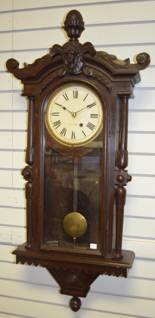 Walnut Seth Thomas #30, (1874) Wall Regulator: Antique Walnut Seth Thomas #30, 1874, Wall Regulator. T.O., ornate walnut case, possibly a slight variation. 8" painted dial signed Seth Thomas. (Dial has slight wear & discoloration.) Brass trim ring