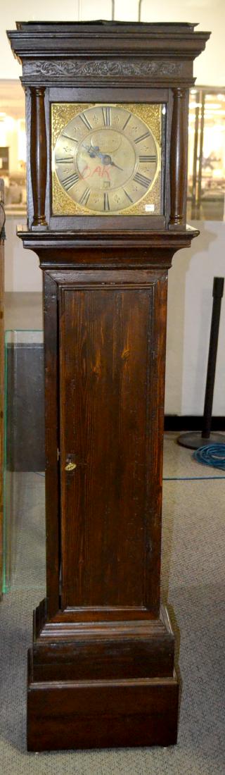 English Thomas Kingsnorth, Tenterden Grandmother Clock: English Thomas Kingsnorth, Tenterden Grandmother Clock: brass face with hour dial and day dial; mask spandrels; wood pulleys; has pendulum and 1 weight. 77 1/2" T Has not been tested. Sells as is, whe
