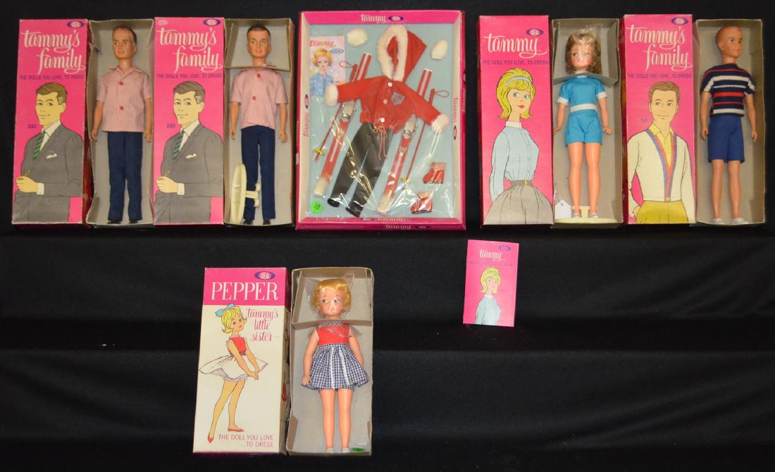5 Ideal Items, Tammy Family Dolls & Ski Outfit: 5 Ideal Items, Tammy Family Dolls & Ski Outfit - All in Original Boxes: 1.) Tammy with stand, like new.; 2.) Two - Dad, one has a stand and booklet.; 3.) Ted; 4.) Pepper; 5.) Tammy Ski Outfit. All app