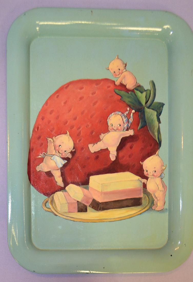Alberta Fulton Kewpie Tray - 1964: Alberta Fulton Kewpie Tray - 1964: The tray has Kewpies, a large Strawberry and Neapolitan Ice Cream. The Kewpies are frolicking on the strawberry. One is standing by the plate with the ice cream and 