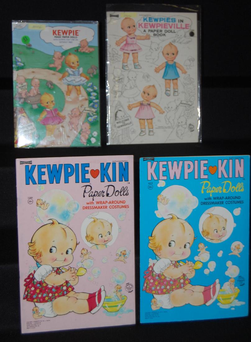 4 Vintage Kewpie Paper Doll Books: 4 Vintage Rose O'Neill Kewpie Paper Doll Books: 1.) 2006 "Kewpie Magic Paper Dolls", Jesco.; 2.) 1966 "Kewpies in Kewpieville" A Paper Doll Book, Saalfield #1344.; 3.) "Kewpie Kin Paper Dolls with Win