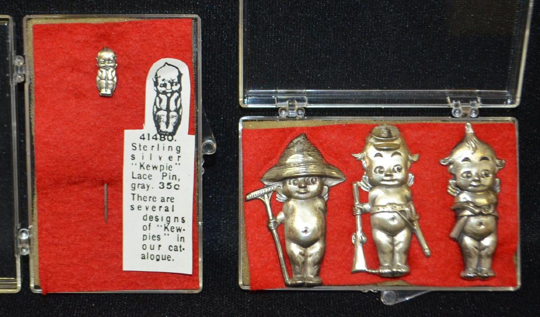 4 Sterling Silver Kewpie Pins: 4 Rose O'Neill Sterling Silver Kewpie Pins: 1.) Kewpie lace pin.; 2.) Kewpie Gardener - Truart Sterling.; 3.) Kewpie Soldier - Truart Sterling.; 4.) Kewpie Handyman - Unmarked. All sell as is, where i
