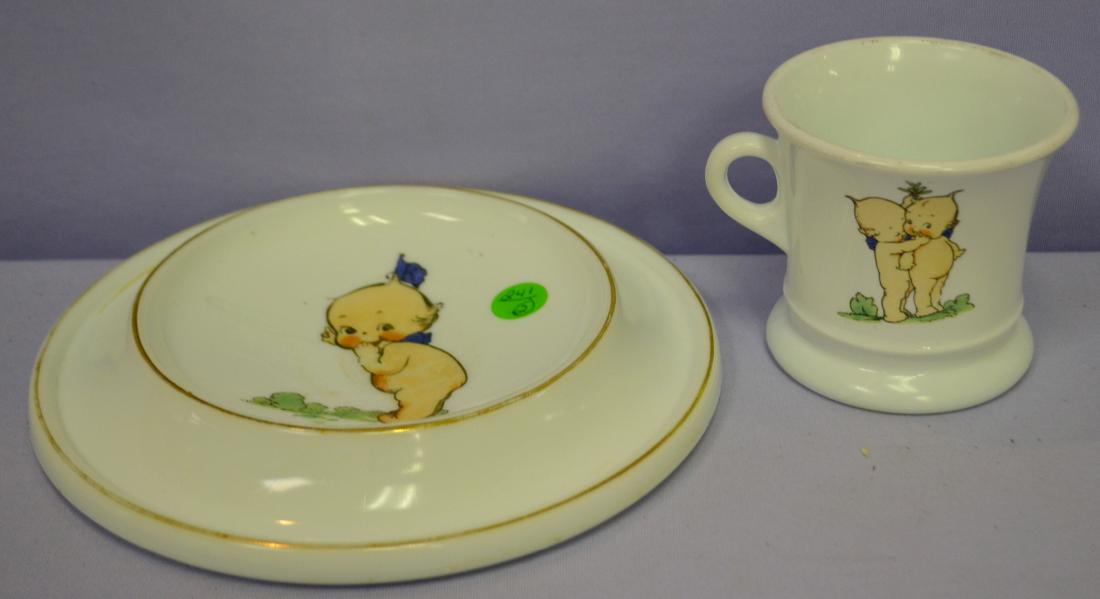 2 Antique Opaque Glass KEWPIE Child's Food Set: 2 Antique Opaque Glass KEWPIE Child's Food Set: The feeding dish and mug are both stamped "By Rose O'Neill Wilson". Wag is stamped onto the bowl and there is a Mistletoe couple on the mug. Both sell a
