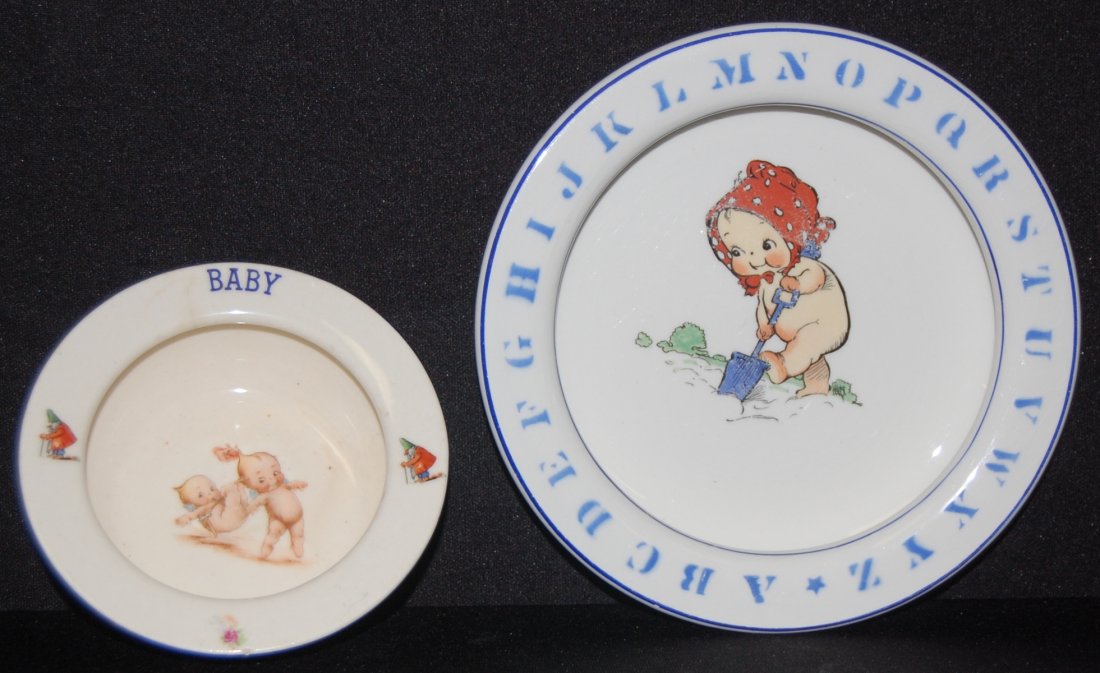 2 Antique Pottery Child: 2 Antique Pottery Child's Feeding Dishes, Kewpies: 1.) ABC deep dish "Holdfast Baby Plate", East Liverpool, with an "O" stamp on the base. The Kewpie transfer is of a Kewpie gardening and it is in the