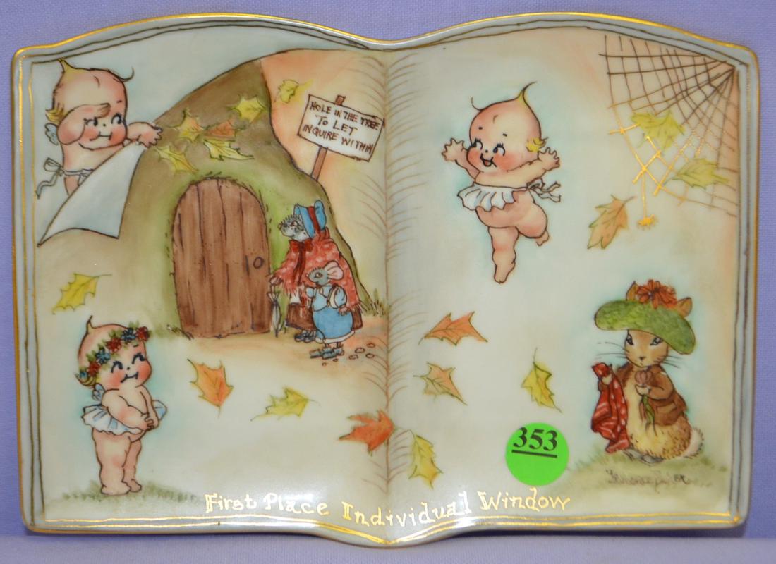 Florence Baker's 1st Place Individual Window Trophy: Florence Baker's 1st Place Individual Window Trophy of an Open Book Tray painted With Kewpies and Mouse "Hole in Tree…" sign on door of Mound Home, no date. Sells as is, where is. 6" x 5/8" W gold t