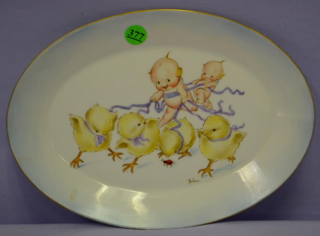 1974 Florence Baker H.P. Oval China Platter: 1974 Florence Baker H.P. Oval China Platter: 2 Kewpies with 4 Chicks signed F. Baker on front. "Design from Rose O'Neill Postcard Had Copied and Painted by Florence Baker 1974" on reverse Sells as is,