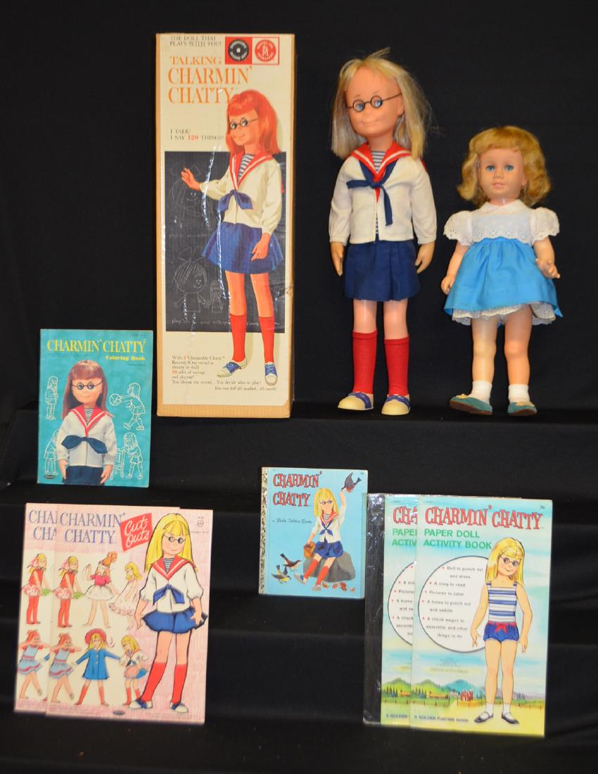 Mattel Talking Chatty Dolls and Books: Mattel Talking Charmin Chatty & Chatty Cathy Doll and 4 Books: 1.) Charmin Chatty in original box with 5 records, pamphlet and apron. 26" box. 2.) Chatty Cathy doll, 20" T 3.) 2 Charmin Chatty Cutout 
