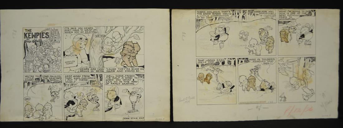 2 Piece Rose O'Neill Kewpie Cartoon, 1936: 2 Piece Rose O'Neill Kewpie Cartoon, 1936: With a numbered plate and stamp dated 1936. It is signed by "David O'Neill" in 1984 and "M. Elmer". Sells as is, where is.
