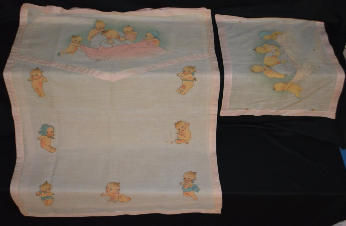 Kewpie Silk/Linen Crib Set: Kewpie Silk/Linen Crib Set: blanket top, liner sheet and pillow cover, very delicate. Blanket and pillow cover depict Kewpies around a sleeping baby. (Some staining.) Largest 36" L x 27" W All sell as