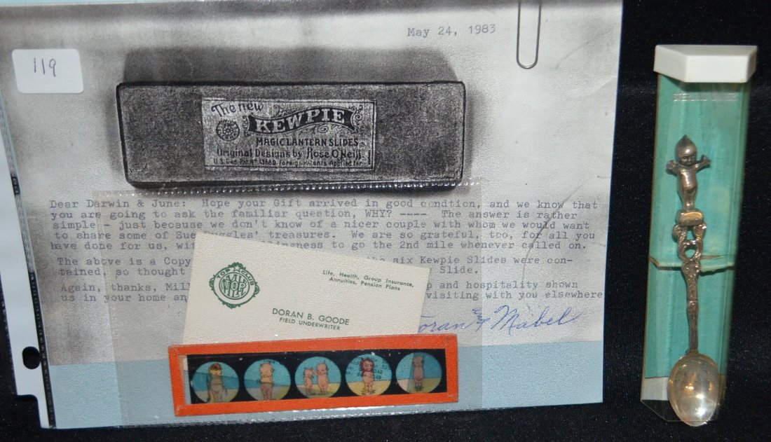 Rose O'Neill Kewpie Magic Lantern Slide & Sppon: Rose O'Neill Kewpie Magic Lantern Slide & Sterling Silver Spoon: The magic lantern slide has a note to June and Darwin from Doran Goode mentioning Sue Ruggles; Sterling silver figural Kewpie spoon. Al