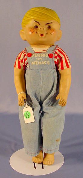 Vinyl & Rubber Dennis the Menace Doll, 16": Vinyl and Rubber Dennis the Menace Doll: Soft vinyl head with set eyes; stuffed rubber body and arms; original clothes. (Body starting to detiorate at neck.) 16"T