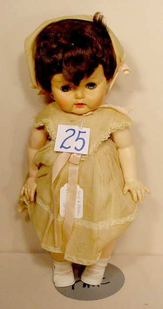 Vinyl & Plastic Effanbee Doll NR: Please see our many other fine dolls up for sale! Vinyl and plastic Effanbee, sleep eyes, nurser, (slight discoloration) 22" T. No Reserve! All lots are listed to the best of our abilities with n