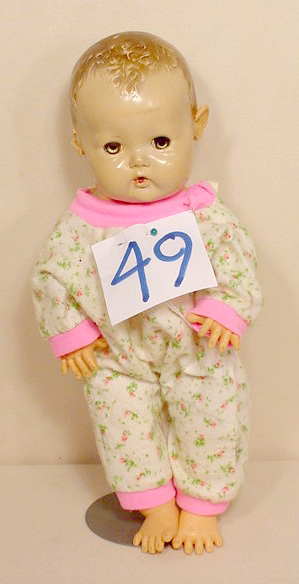 Effanbee Dy-Dee Baby Hard Plastic & Vinyl Doll NR: Please see our many other fine dolls up for sale! Effanbee Dy-Dee Baby, hard plastic and vinyl (Applied ears damaged hair paint worn) many reg. marks on back 11 1/2" T. No Reserve! All lots are l