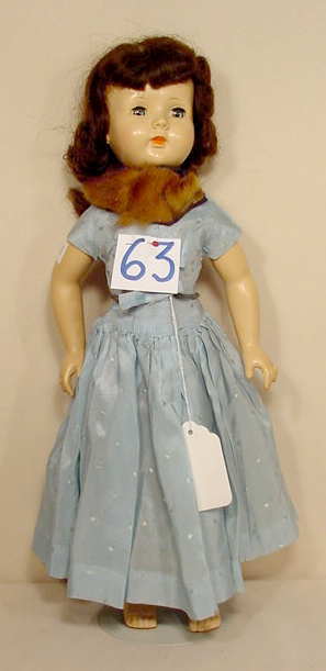 Effanbee Hard Plastic Doll NR: Please see our many other fine dolls up for sale! Hard plastic walker, Effanbee on head and back, sleep eyes, painted features, jointed body, pierced ears, wig (eyelid rubs) 18" T. No Reserve! Al