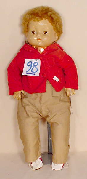 Effanbee Compo & Cloth Doll NR: Please see our many other fine dolls up for sale! Compo and cloth, Effanbee, sleep eyes, closed mouth (Heavy crazing and damaged fingers) 19" T. No Reserve! All lots are listed to the best of our