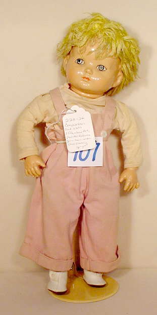 Effanbee Compo & Cloth Doll NR: Please see our many other fine dolls up for sale! Compo and cloth Effanbee doll, painted features, yarn hair (Under glaze crazing & repaired left hand) 16" T. No Reserve! All lots are listed to t