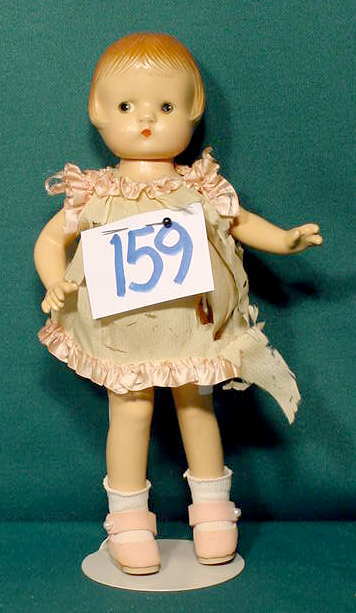 Effanbee Compo Patsyette Doll NR: Please see our many other fine dolls up for sale! Compo doll, Effanbee Patsyette marked on back, painted features (paint rubs on hair, outfit damaged) 9 1/4" T. No Reserve! All lots are listed to