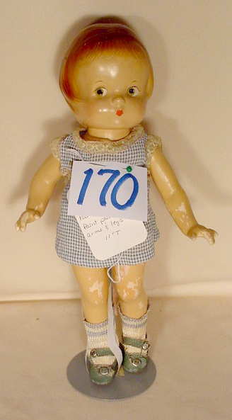 Effanbee Patsy Jr. Compo Doll NR: Please see our many other fine dolls up for sale! Compo doll, Effanbee Patsy Jr. on back, painted features (Paint peeling on arms and legs) 11" T. No Reserve! All lots are listed to the best of o