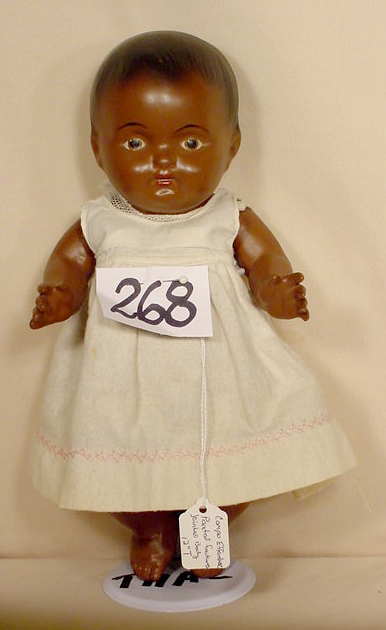 Effanbee Compo Black Baby Doll NR: Please see our many other fine dolls up for sale! Compo black baby, Effanbee, painted features, bent limb body jointed at shoulders & hips (body has cracking, hair paint flaking) 12" T. No Reserv