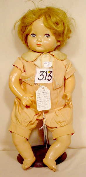 Effanbee Compo Head & Limbs Cloth Body Doll NR: Please see our many other fine dolls up for sale! Compo head, arms and legs; cloth body, flirty eyes, painted closed mouth, marked Effanbee, Made in USA (Small hair line at right ear, crazing across f