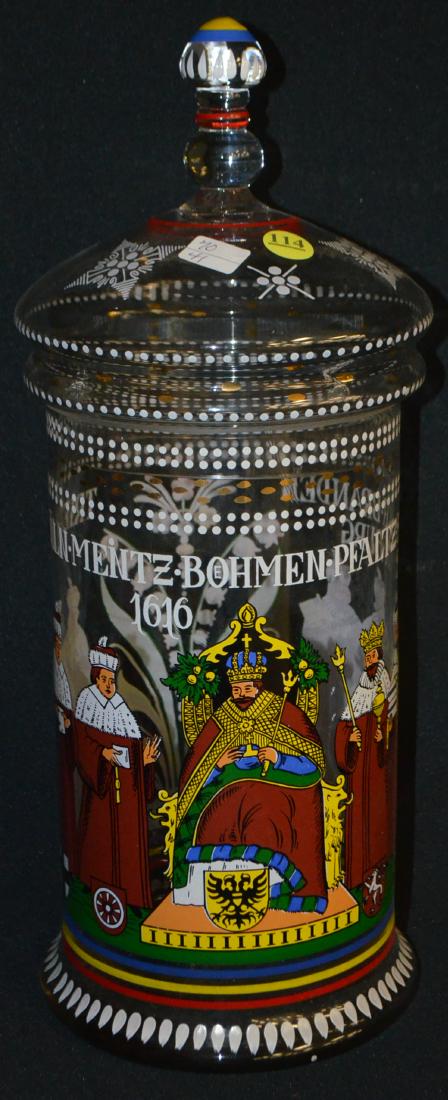 Antique Humpen with Lid, Bohemian Clear Glass: Antique Humpen with Lid, Bohemian Clear Glass: With an enamel decoration depicting a Royal Court "TRIER-COLLOR-MENTZ-BOHMEN-PFALTZ-SACH-BRANDEN' SEN-BURG 1616". Sells as is, where is.