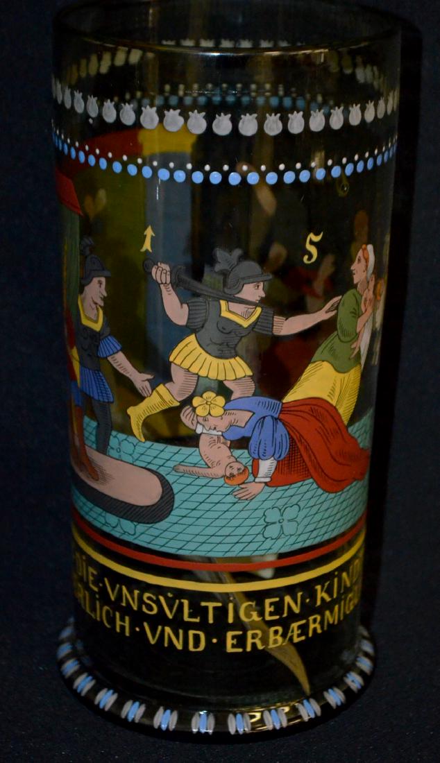 Antique Humpen, Pale Green Glass: Antique Humpen, Pale Green Glass: With an enameled scene of "Killing of the Holy Innocents" - "Let The INNOCENT Children Miserable and Contemptable have to be Killed" and dated 1596. (That date has no