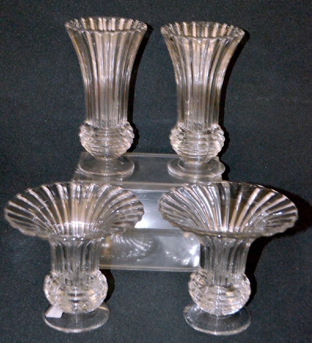 4 Piece Heisey Ridgeleigh Crystal Vases: 4 Piece Heisey Ridgeleigh Crystal Vases: Includes 2 bud vases and 2 open vases. They have vertical and horizontal ribs and all are unmarked. Tallest - 6". All sell as is, where is.