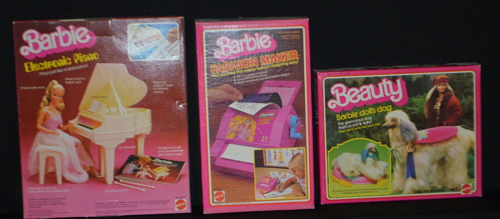 3 Mattel Barbie Boxed Items: 3 Mattel Barbie Boxed Items: 1980 Fashion Maker Machine, 1979 Beauty Barbie's Dog & 1981 Electronic Piano. NRFB. 12 1/2" x 11"