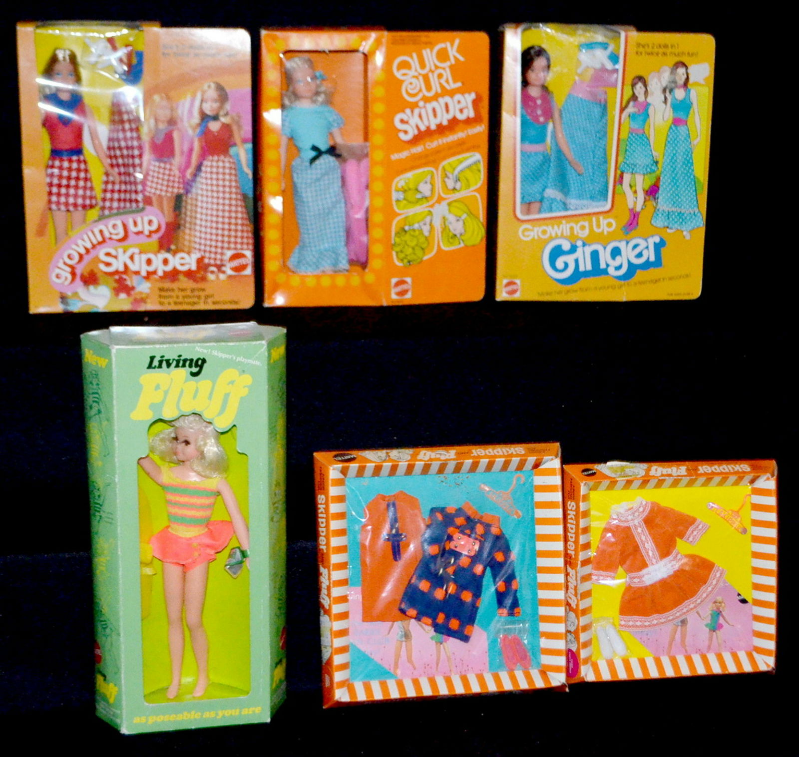 6 Mattel Teenage Dolls & Fashions, NRFB: 6 Mattel Teenage Dolls & Fashions, NRFB: Living Fluff No. 1143, 1970; Quick Curl Skipper No. 4223, 1972; Growing Up Skipper No. 7259, 1974; Growing Up Ginger No. 9222, 1975. Two fashions boxed, 1970.