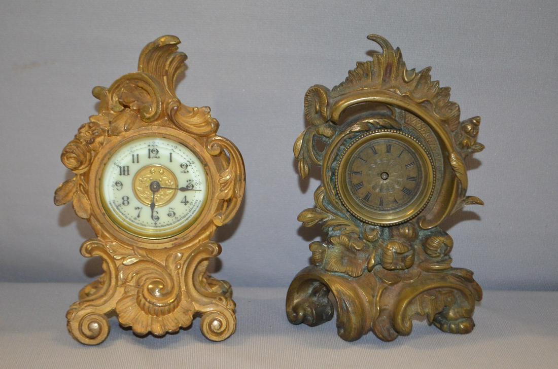 2 Ornate Metal Novelty Shelf Clocks:  1)  signed (1 of 4)