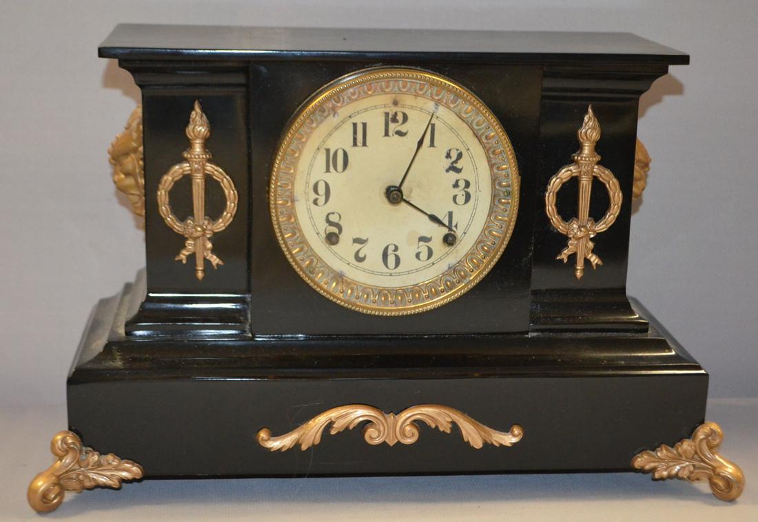 Ansonia Antique Iron Case Clock: T&S, paper dial, Lion (1 of 2)