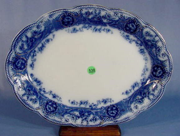Flow Blue "Atlanta" Pattern Tray: Flow Blue "Atlanta" Pattern Tray: the design has gold highlights and was made by Wedgwood & Co., England. (There is some gold wear and surface abrasion from use.) 14 3/8" x 10 5/8"