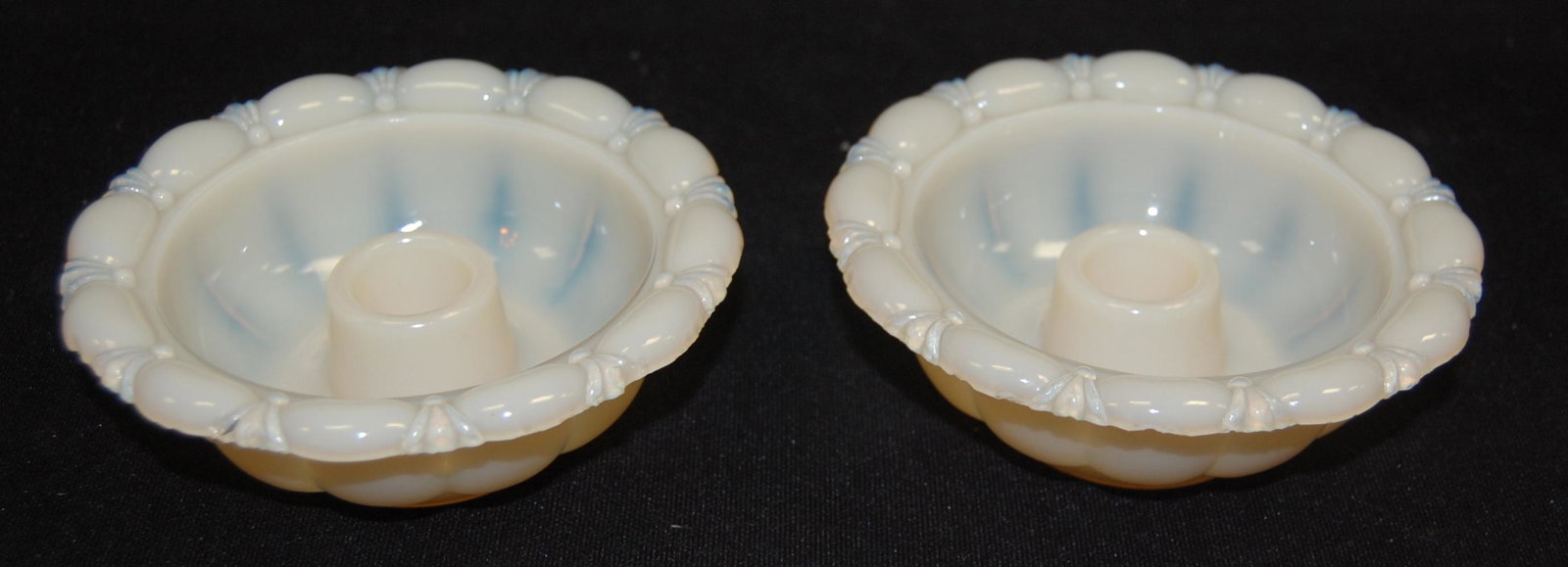 Signed Alacite by Aladdin Matched Pair of Candle: Signed Alacite by Aladdin Matched Pair of Candle Dishes, old formula - glows green, 5"D