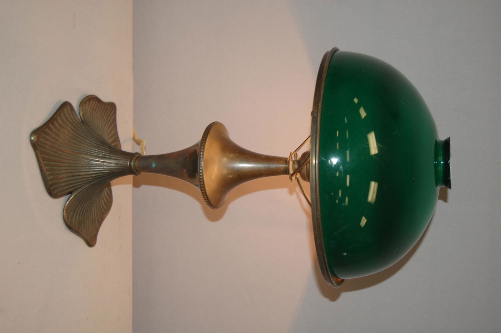 Antique Table Lamp with Emeralite Style Shade. Iron,: Antique Table Lamp with Emeralite Style Shade. Iron, floral base, looks like puter style finish. Green shade has multipule chips around top opening. 18" Tall 9 7/8" Diameter Shade.