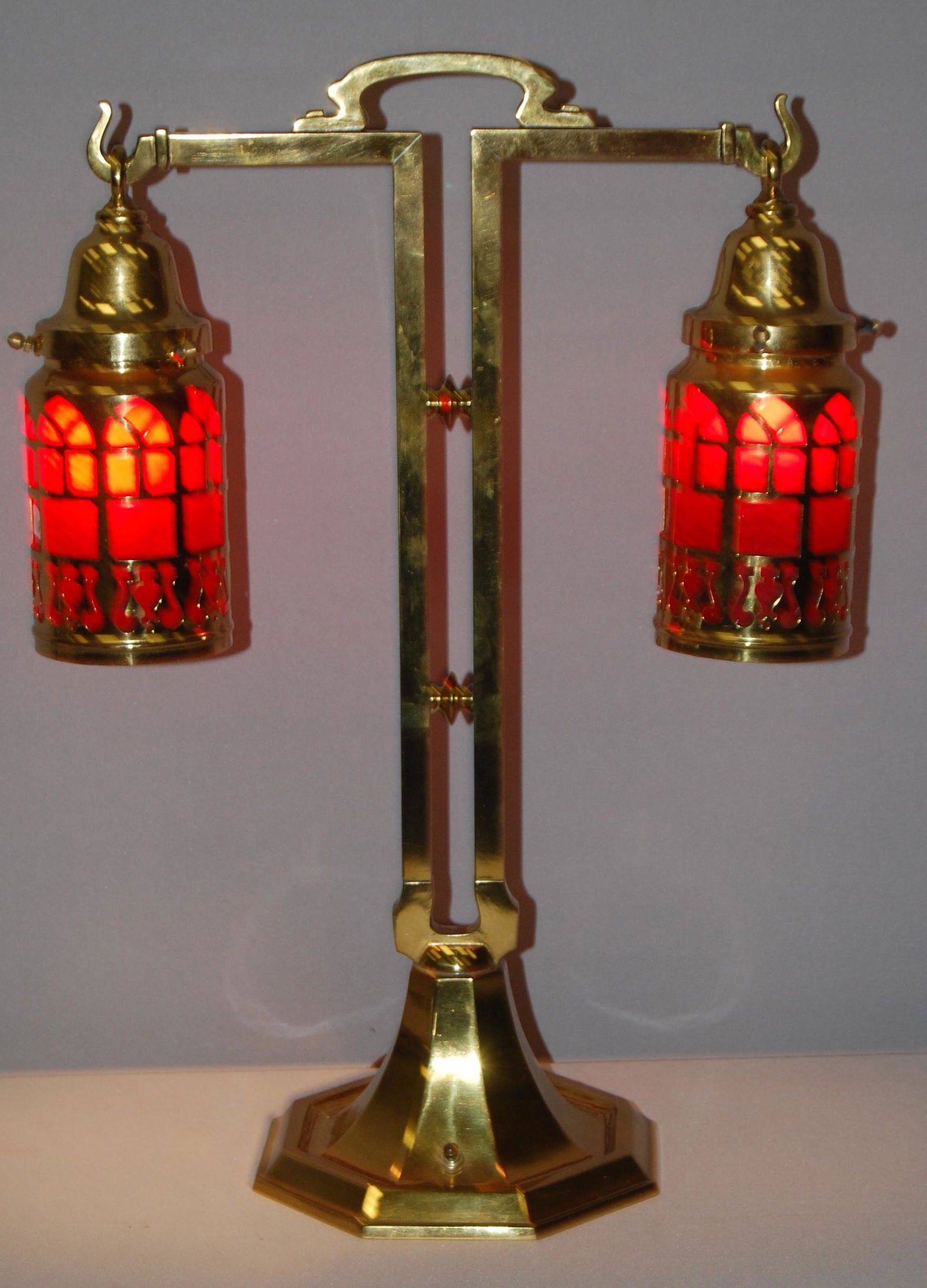 Brass Table Lamp w/ 2 Cathedral  Hanging Shades (1 of 9)