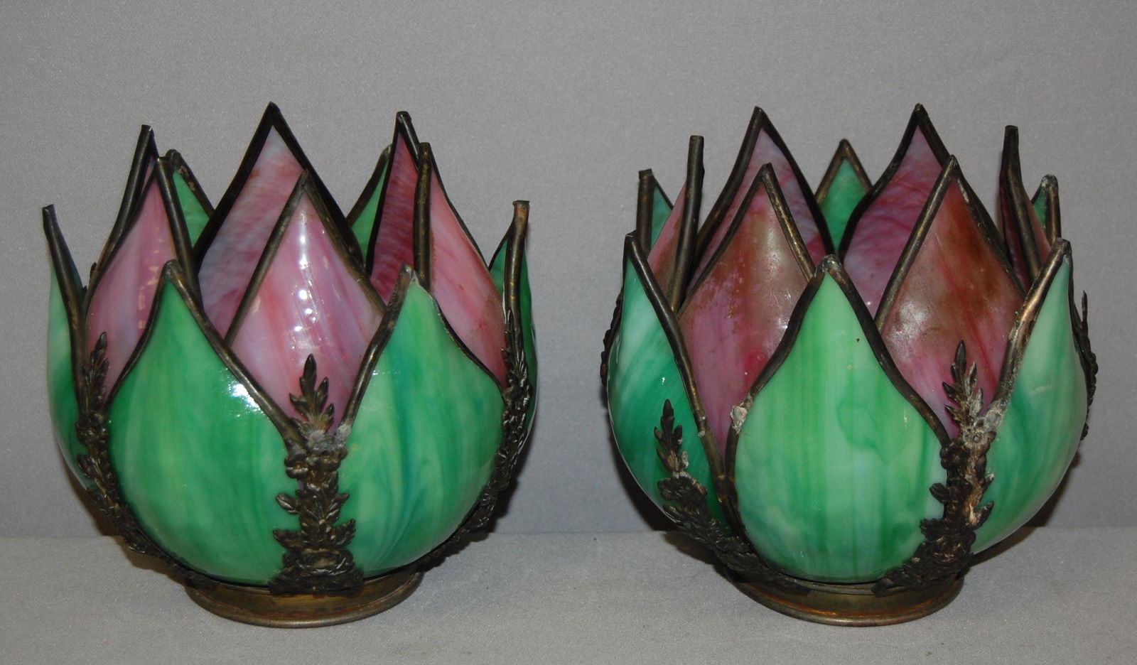 Pair of Pink and Green Slag Tutilps Lamp Shades (1 of 6)
