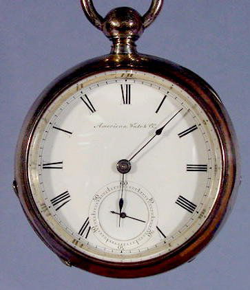 American Watch Co. KW Wm. Ellery Pocket Watch: American Watch Co. Pocket Watch: Wm Ellery Model; 18S; KW; Coin Silver Case # 8765; Movement # 655167; the movement is much smaller size than the case. (The case is plain and shows some pocket wear, r