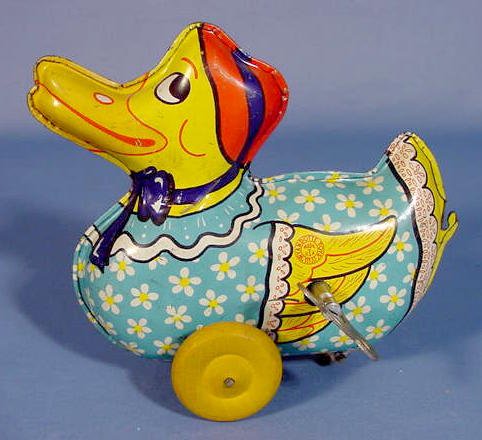 Wyandotte Tin Key Wind Toy Duck w/Floral Clothing